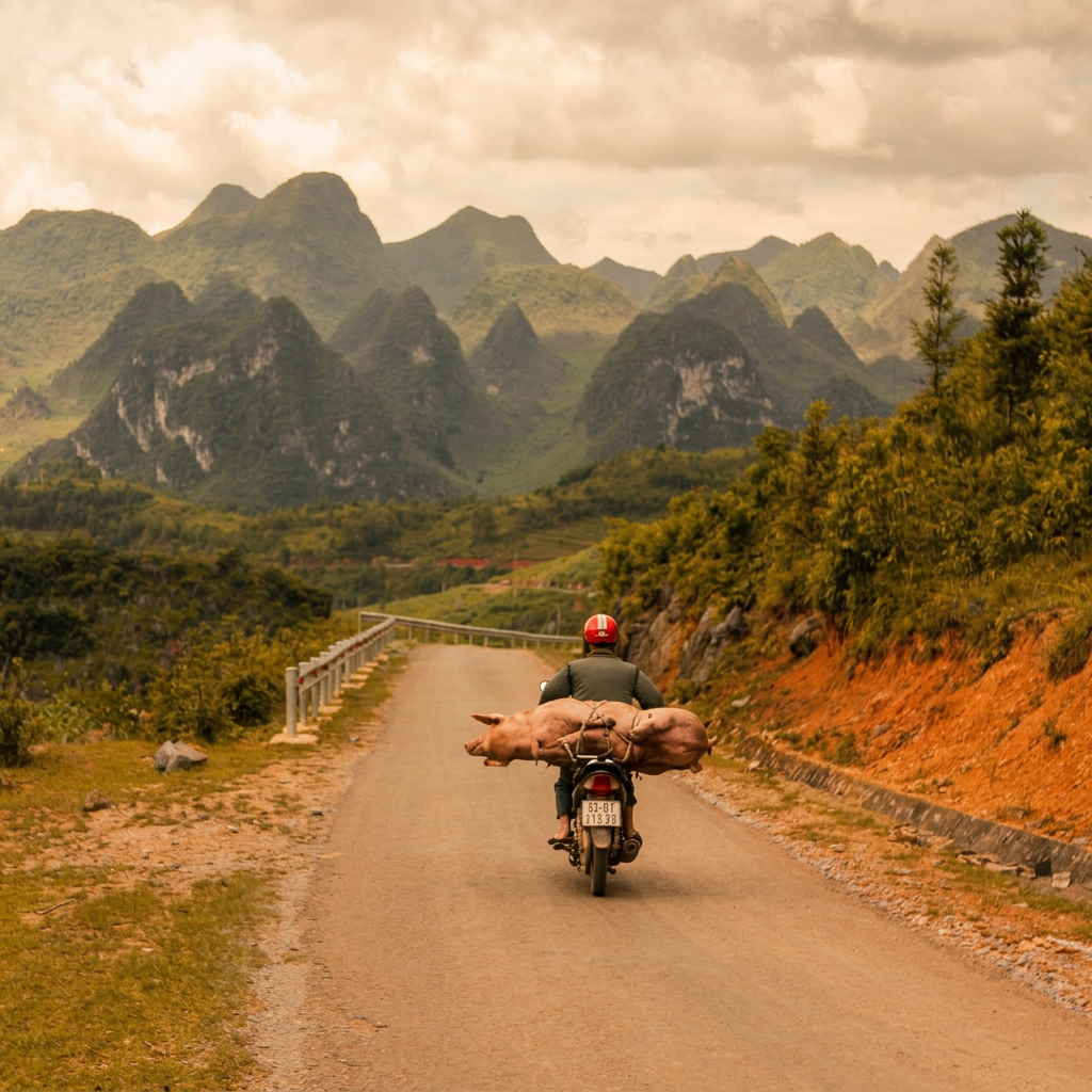 Motard transportant un cochon sur une route du nord Vietnam